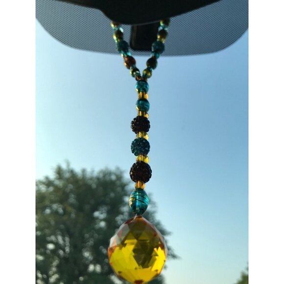 Beaded Suncatcher Car Charm Rearview Mirror Ornament TurquoiseGold Crystal Prism - Picture 3 of 10